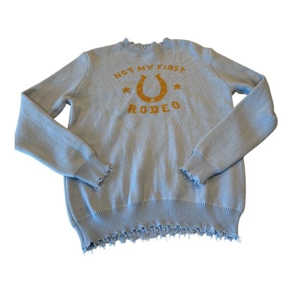 Miss Sparkling Not My First Rodeo Distressed  Sweater Blue Horseshoe Western - Picture 2 of 11